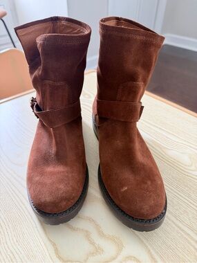 Frye Suede Mid-Calf Ankle Boots in Chestnut Brown